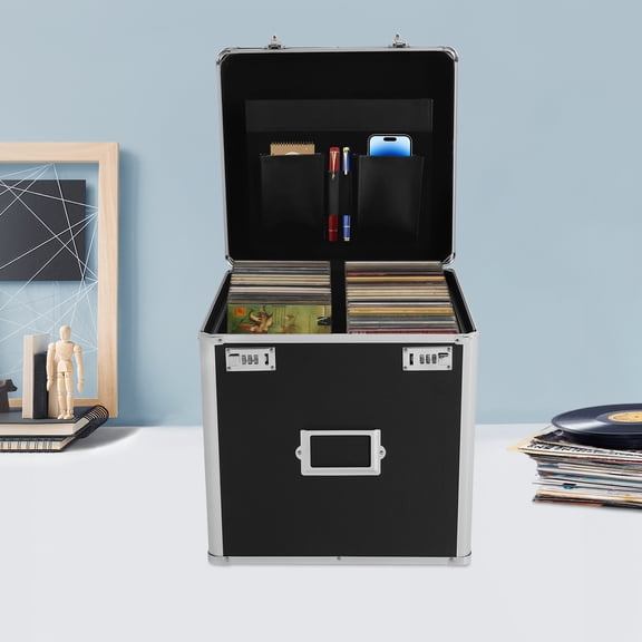 Vinyl Record Storage Box - Locking 50 Album Holder & Organizer - Great Alternative to Flimsy LP Crate - Black