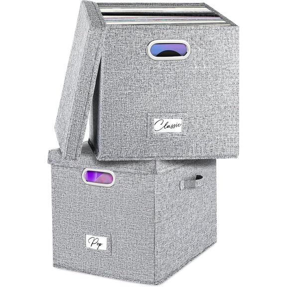 Vinyl Record Storage Box Set of 2 - for 100+ Single LPs (12-Inch), Stackable Albums Linen Crate with Lid, Play Music Collection Holder, Document File Folder Cabinet Organizer Case with Handle
