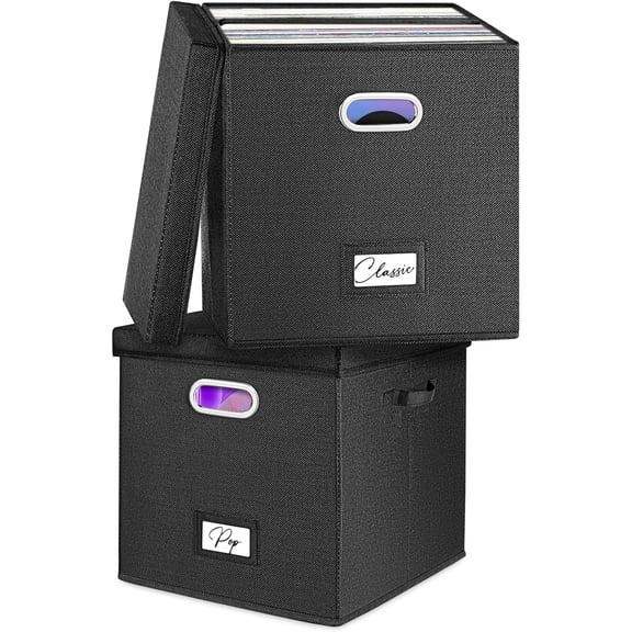 Vinyl Record Storage Box Set of 2 - for 100+ Single LPs (12-Inch), Stackable Albums Linen Crate with Lid, Play Music Collection Holder, Document File Folder Cabinet Organizer Case with Handle