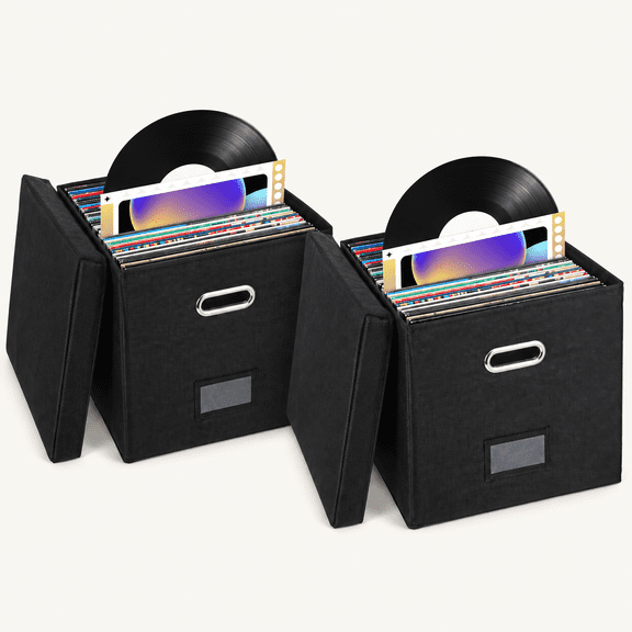 Vinyl Record Storage Box for 50+ LPs, Stackable Linen Crate with Lid