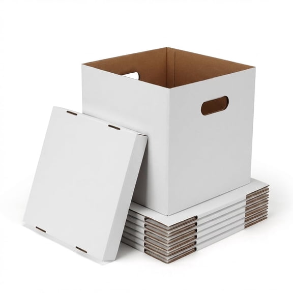 Vinyl Record Storage Boxes With Lids 7 Pack  13 Inch Cube Collapsible Corrugated Cardboard Quick Fold Assembly Pre-applied Adhesive Side Cut-out Handles Home Office Organizer White