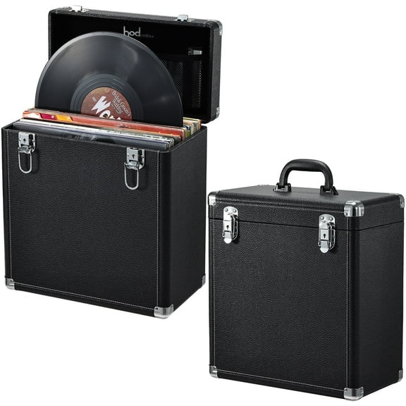 Vinyl Record Storage Case LP Album Collection Display Box Organizer Holder with Mesh Bag, Black