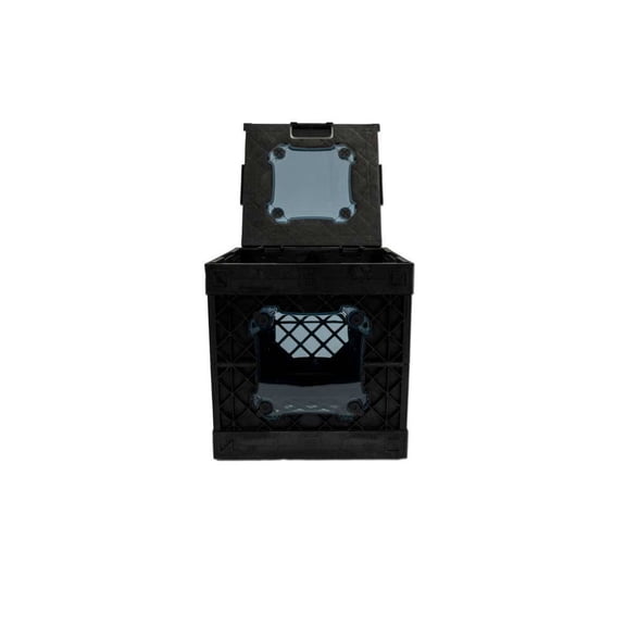 Vinyl Record Storage Crate Black/Blue: Stackable Decorative Box, Industrial Style, Polypropylene, 13.5" Square