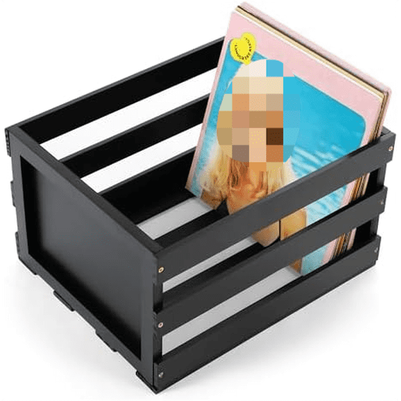 Vinyl Record Storage Crate, Black Wooden Storage Crate Box$$Office