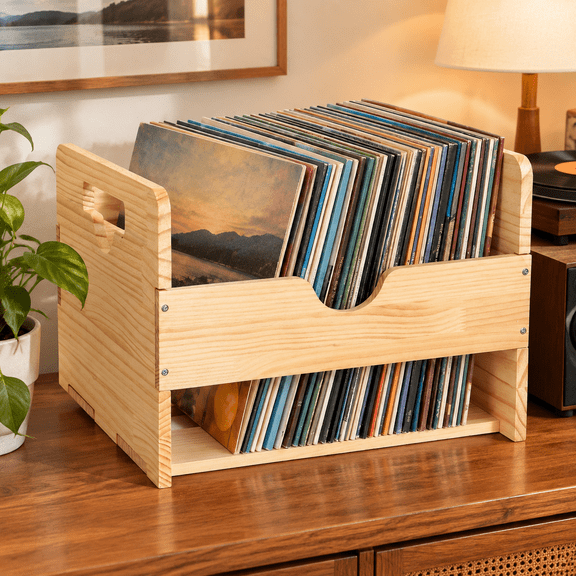 Vinyl Record Storage Crate, Wood Crate Unfinished, Wooden Record Holder Stores up to 80 Albums, Large LP Album Shelf Vinyl Storage Cube Organizer Box