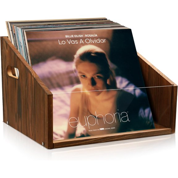 Vinyl Record Storage Crate - Wooden & Acrylic Record Storage Holds 70+ Records, Books, Files - Desktop & Home Office Storage with Handle (Brown)