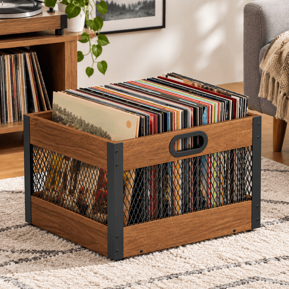 Vinyl Record Storage Crate, Wooden LP Record Organizer, Holds 6080 Records, Classic Cube Storage for Albums