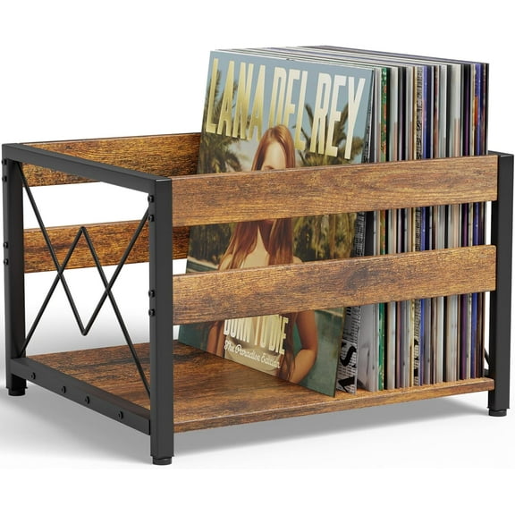 Vinyl Record Storage Crate, Wooden Storage Box, Classic Cube CD Albums Shelf Holder Organizer, Holds Up to 100+ Records, Magazine Rack for Desktop, Home, Office, Brown