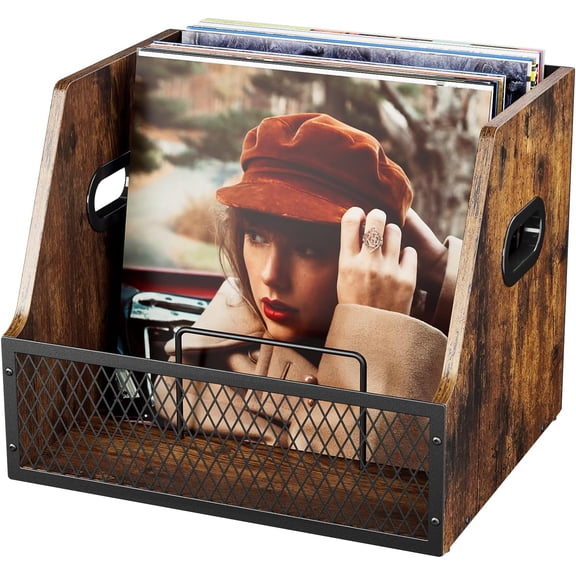 Vinyl Record Storage Crate with Dividers  Rustic Brown Wood, 12.1"D x 14.4"W x 11.8"H, Freestanding Open Shelf