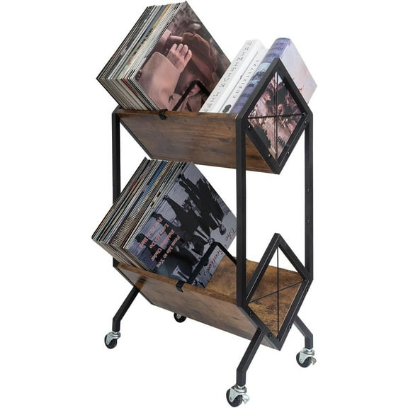 Vinyl Record Storage Holder, 2-Tier with Dividers, Retro Style, Quick Assembly, 160-200 LP Capacity, Brown Wood & Matte Black Iron Frame, 11.14 x 17.72 x 31.3 inches