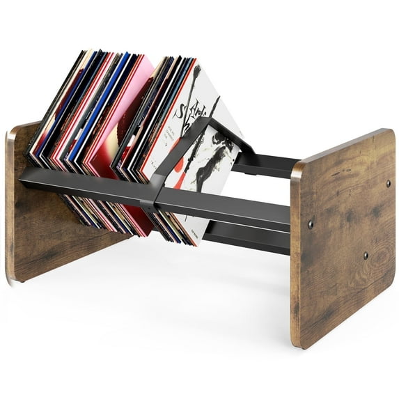 TAVR Furniture Vinyl Record Storage Rack, 80-100 LP Organizer, Wooden & Metal Album Magazine Storage Rack, Quick Assembly Record Display Rack, Brown