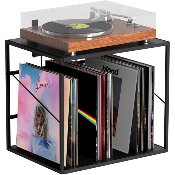 Vinyl Record Storage Holder for 80-100LPs, Vinyl Record Stand Wall Mount with Movable Divider, Solid Record Display Crate & Organizer for Albums, Magazine, Book, File, Black