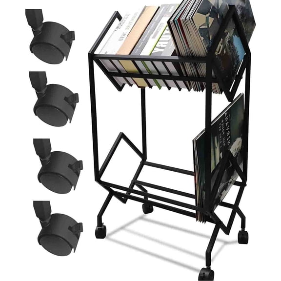 Vinyl Record Storage Holder,Double Record Storage Layer with Trolly Wheel Design for 180-220 Vinly Record Albums Display Stand LP Storage Organizer,Lockable Wheels,Sturdy Construction