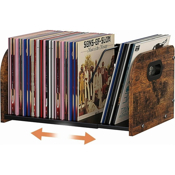 Vinyl Record Storage Holder, Expandable Record Holder Rack With Movable Divider, 110 LP Album Display Shelf Stand, Magazine Holder (Rustic Brown, 1-Tier)