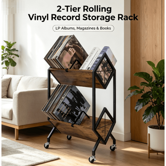 Vinyl Record Storage Holder With Wheels, 2-Tier Record Holder 160-200 LP With Dividers, Retro Style Quick Assembly Vinyl Record Display For Albums, Magazine, Book, Files(2 Tier- Rustic Brown)