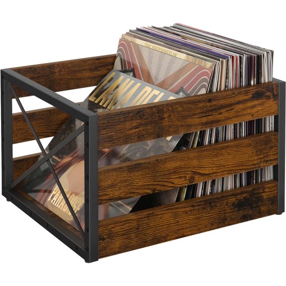 Vinyl Record Storage, Large LP Vinyl Record Storage Crate, Metal & Wooden Record Holder, Cube Record Organizer Box, Holds up to 80+ Records