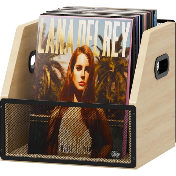 Vinyl Record Storage - Metal & Wooden Record Crate, Holds up to 60 Albums, Beige