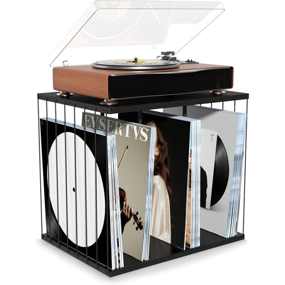 Vinyl Record Storage, Metal & Wooden Vinyl Record Holder Up to 80 Album, 3-Compartment Record Player Stand for Magazine, Book, Files, Albums (Black)