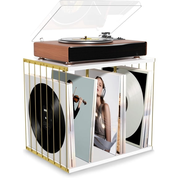 Vinyl Record Storage, Metal & Wooden Vinyl Record Holder Up to 80 Album, 3-Compartment Record Player Stand for Magazine, Book, Files, Albums (White)