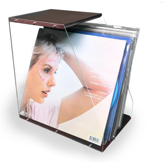 Vinyl Record Storage Rack, 40LPs+ Capacity Wooden Vinyl Albums Display Organizer with Acrylic Board, Quick Assembly Retro Style Record Storage Box for CD, Magazine, File