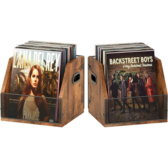 Vinyl Record Storage, Record Box Case Crate, Vinyl Record Album Holder, Desktop Metal & Wooden LP Record Crate, Holds up to 60 Records(Patent No.D1024563