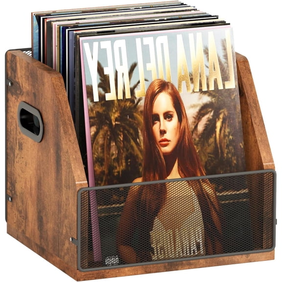 Vinyl Record Storage, Record Box Case Crate, Vinyl Record Album Holder, Metal & Wooden LP Record Crate, Holds up to 60 Records