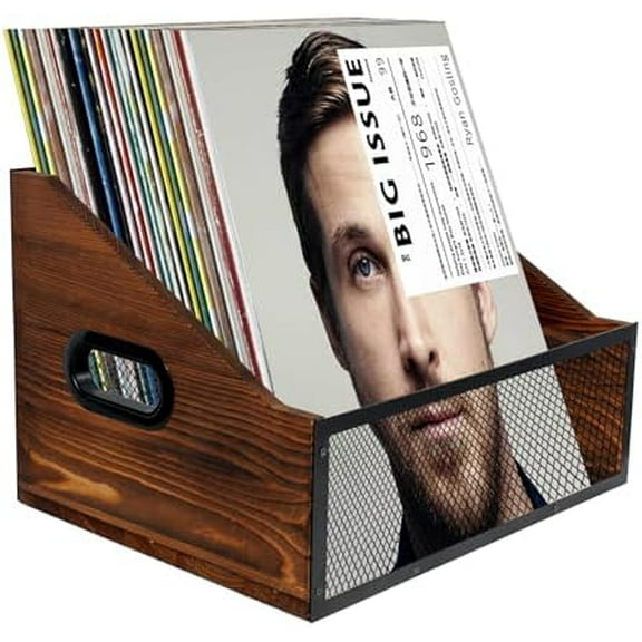 Vinyl Record Storage, Rustic Record Holder,Record Crates for Vinyl, Pine Wood & Metal Record Box for Display, 60-Record Capacity LP Album Organizer$$Office