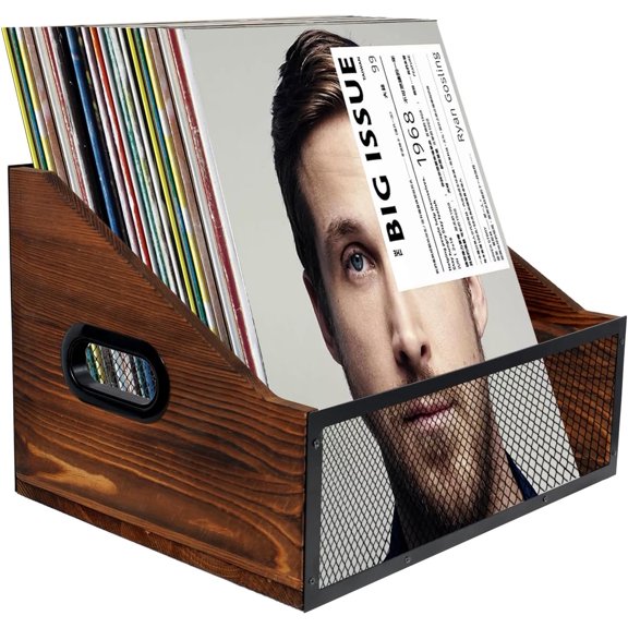 Vinyl Record Storage, Rustic Record Holder,Record Crates for Vinyl, Pine Wood & Metal Record Box for Display, 60-Record Capacity LP Album Organizer