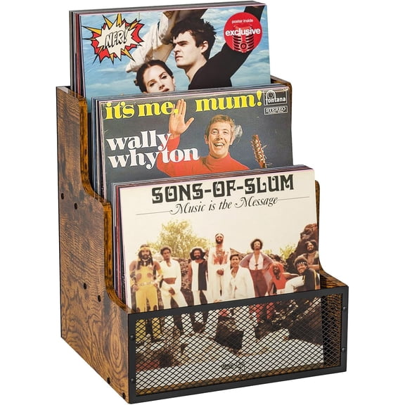 Vinyl Record Storage,Stepped 3 Tier LP Vinyl Record Crate,Vinyl Record Album Holder,Holds up to 60 Records,Desktop Metal & Wooden Record Box Case Crate