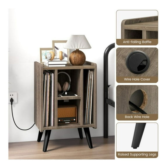 Vinyl Record Storage Turntable Stand with 4 Shelves - Modern Record Player Console with Charging Station, Wood Grain Finish - Living Room, Bedroom, Office - Brown/Grey Oak