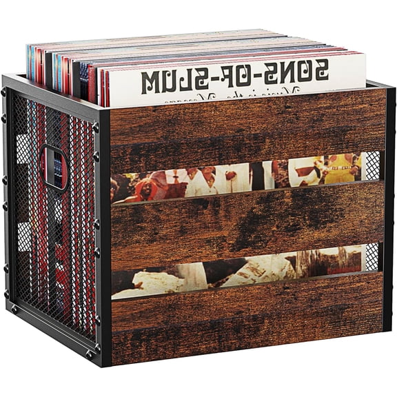 Vinyl Record Storage, Vintage Wood Album Holder with Dividers for 100+ Records, Box Case Crate for Books, Magazines, Organizer (Classic Cube)