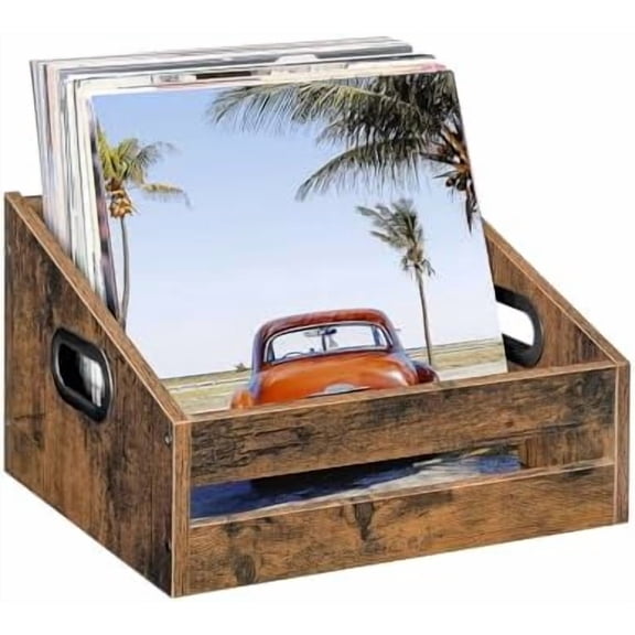 Vinyl Record Storage, Vintage Wooden Crate Holder, Trapezoidal Record Crates for Vinyl, Album Storage for Records, Desktop Record Storage Box, Rustic Brown MCW03FG$$Office