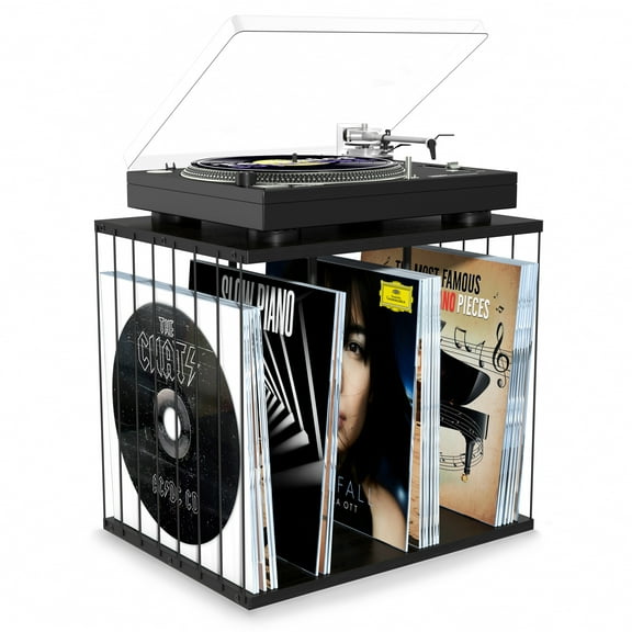 Vinyl Record Storage, Metal & Wooden Vinyl Record Holder Up to 80 Album, 3-Compartment Record Player Stand for Magazine, Books Black