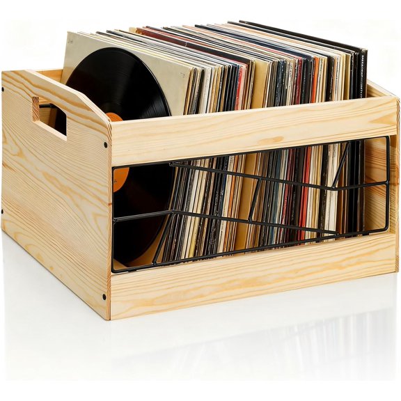 Vinyl Record Storage, Wood Vliny Crate Album Holder with Handle, Holds up to 70+ Albums, Natural Cube CD Albums Shelf Organize Box, File Organizer Rack for Desktop, Home, Office