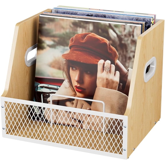 Vinyl Record Storage, Wooden Crate for Record Holder Album Storage for 7/10/12 inch 60+ Vinyl Magazine File Holder Natural Beige