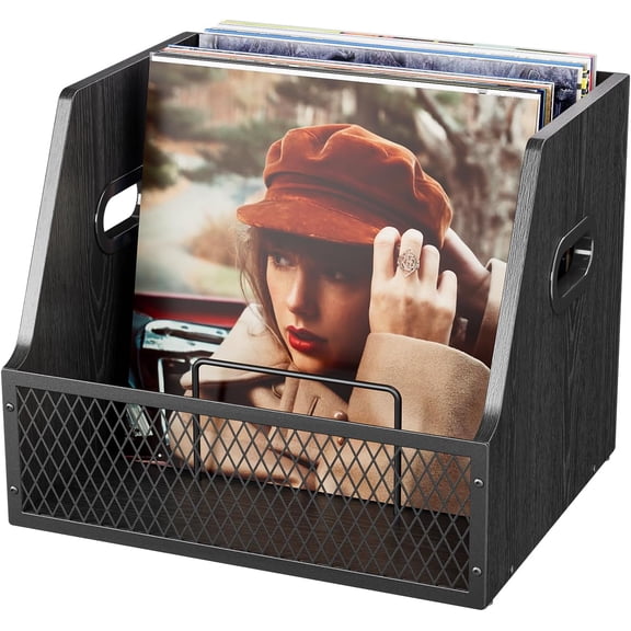 Vinyl Record Storage with Separators, Record Storage Box for 7/10/12 inch 60+ Vinyl Records Organizer Cases Wood Crate for Magazine Holder Black