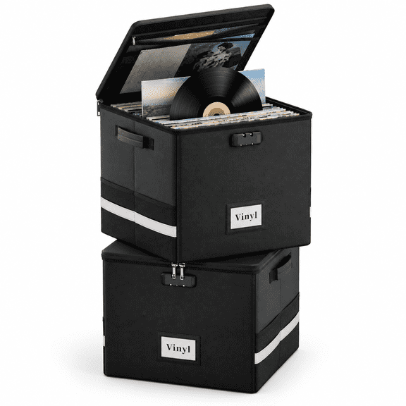 Vinyl Record Storbox With Lock Organizer For 100+ Single Records(12-inch) Collapsible Crate Lid & Handles Valuable Album Collecti