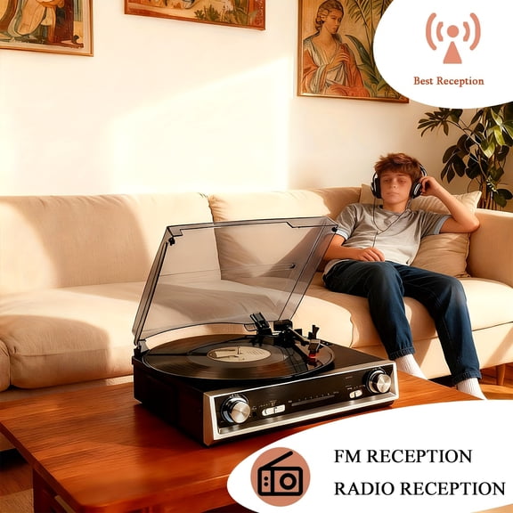 Vinyl Record Turntable w/Built-In Speaker - 3-Speed Belt Drive, FM Radio, 3.5mm Audio/Line/Headphone Jack, Valentine's Gift