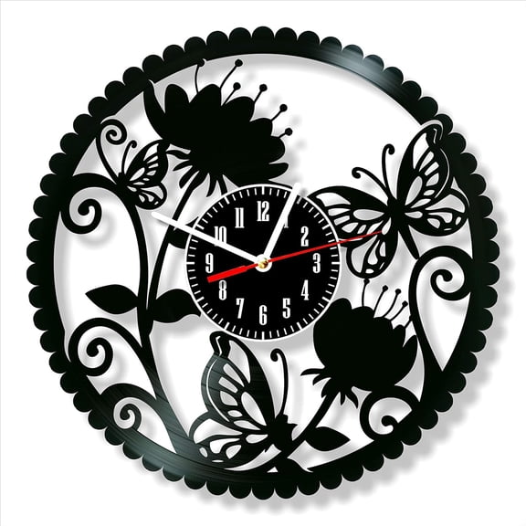 Vinyl Record Wall Clock Butterflies and Flowers Style Silent Gift for Friend Birthday Wall Decor Retro Nostalgic Home Decor 12 Inch