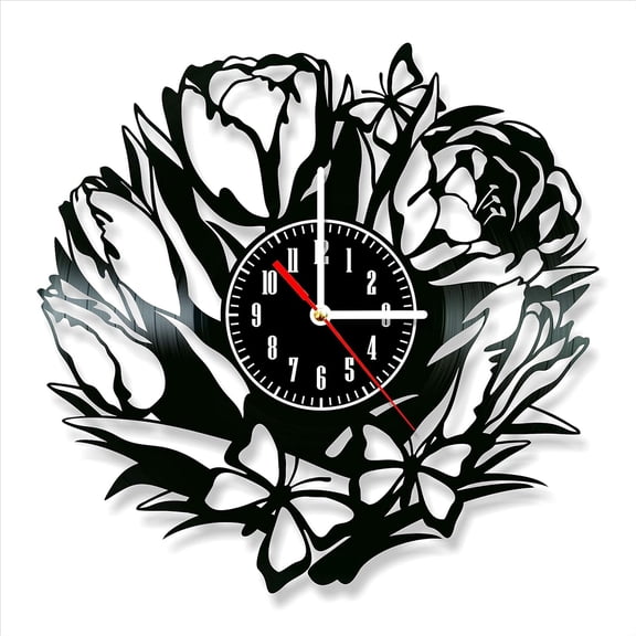 Vinyl Record Wall Clock Floral Style Silent Gift for Friend Birthday Wall Decor Retro Nostalgic Home Decor 12 Inch