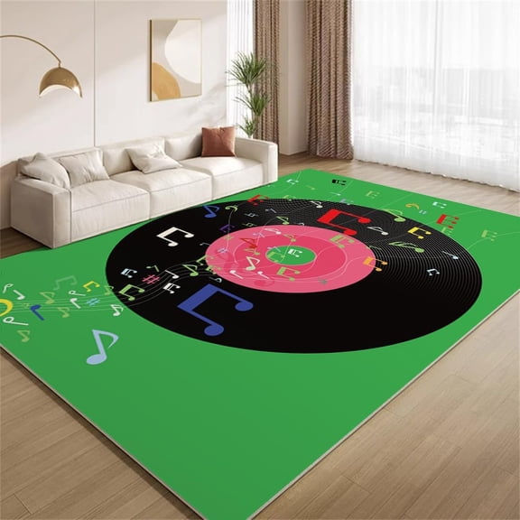 Vinyl Records Area Rugs Colorful Musical Notes Green Rugs Ultra Soft Non Slip Washable Carpet for Living Room Bedroom Study Office Hallway 2ftx3ft