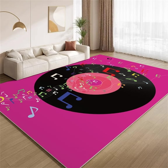 Vinyl Records Area Rugs Colorful Musical Notes Red Rugs Non Slip Low Pile Indoor Washable Carpet for Living Room Farmhouse Bedroom Apartment Home Decor Floor Mats 2ftx3ft