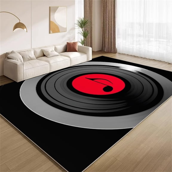 Music Record Area Rugs, Black Vinyl Pattern Carpet, Washable Non Slip Low Pile Soft Rug for Living Room Bedroom Decor Mat 2ftx3ft