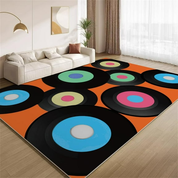 Vinyl Records Area Rugs Orange Black Music Rugs Ultra Soft Washable Non Slip Carpet for Bedroom Living Room Study Office Home Decor Mats 2ftx3ft