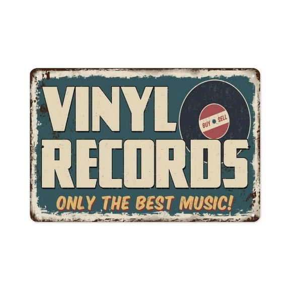 Vinyl Records Only The Best Music Vintage Aluminum Metal Sign, 8x12 Inch Retro Record Buy Sell Wall Decor Plaque, Pre-Drilled for Easy Hanging
