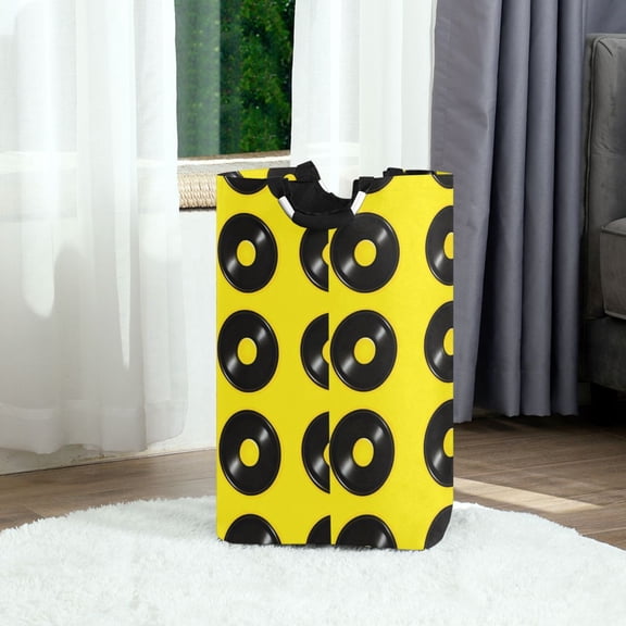 Vinyl Records Pattern on Yellow Foldable Laundry Hamper 12.6x11x22.7in with Handles for Bathroom Bedroom Storage