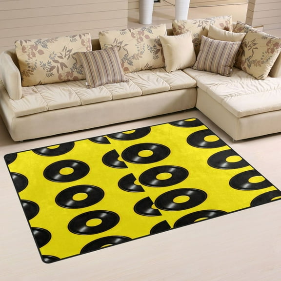 Vinyl Records Pattern on Yellow Soft Polyester Area Rug 31''x20'', Non Slip, Memory Foam, Water Absorbent