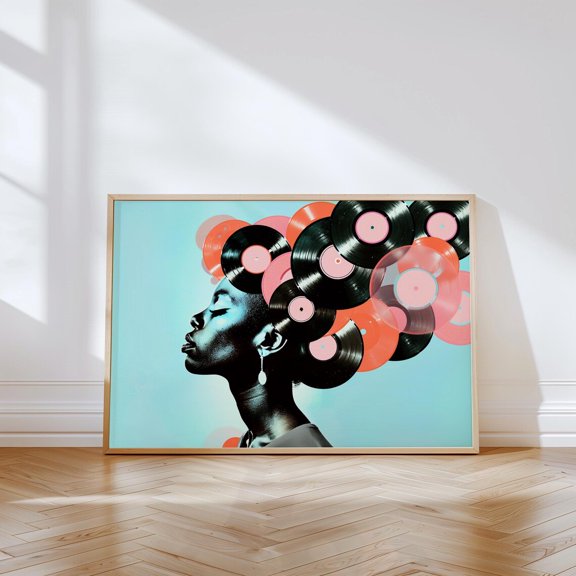 Vinyl Records Retro Vintage Collage African Woman Abstract Techno House Soul Music Lover DJ Poster, Music Inspired Bedroom And Office Decor