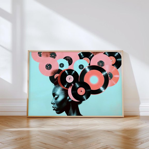 Vinyl Records Retro Vintage Collage African Woman Abstract Techno House Soul Music Lover DJ Poster, Music Room, Studio And Home Decor