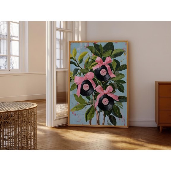 Vinyl Records With Pink Bows On Vibrant Green Foliage Artistic Wall Art Unique Home Decor Eclectic Music Lover'S Dream Wall Art Print